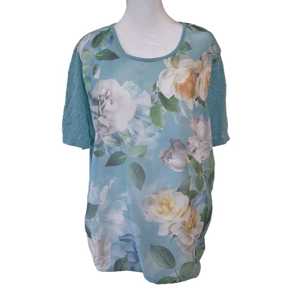 Alfred Dunner 1X Shirt Blouse Aqua Blue White Floral Short Sleeve Garden Grandma
